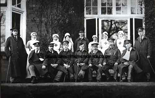 <p>John Scott (Front Centre) at Swinton Grange Red Cross Hospital, Malton in 1916